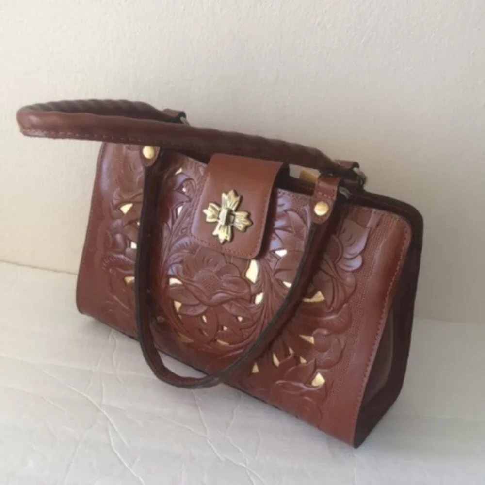 Patricia NASH Rosina Leather Cut Out Tooled Shoulder Handbag Tan